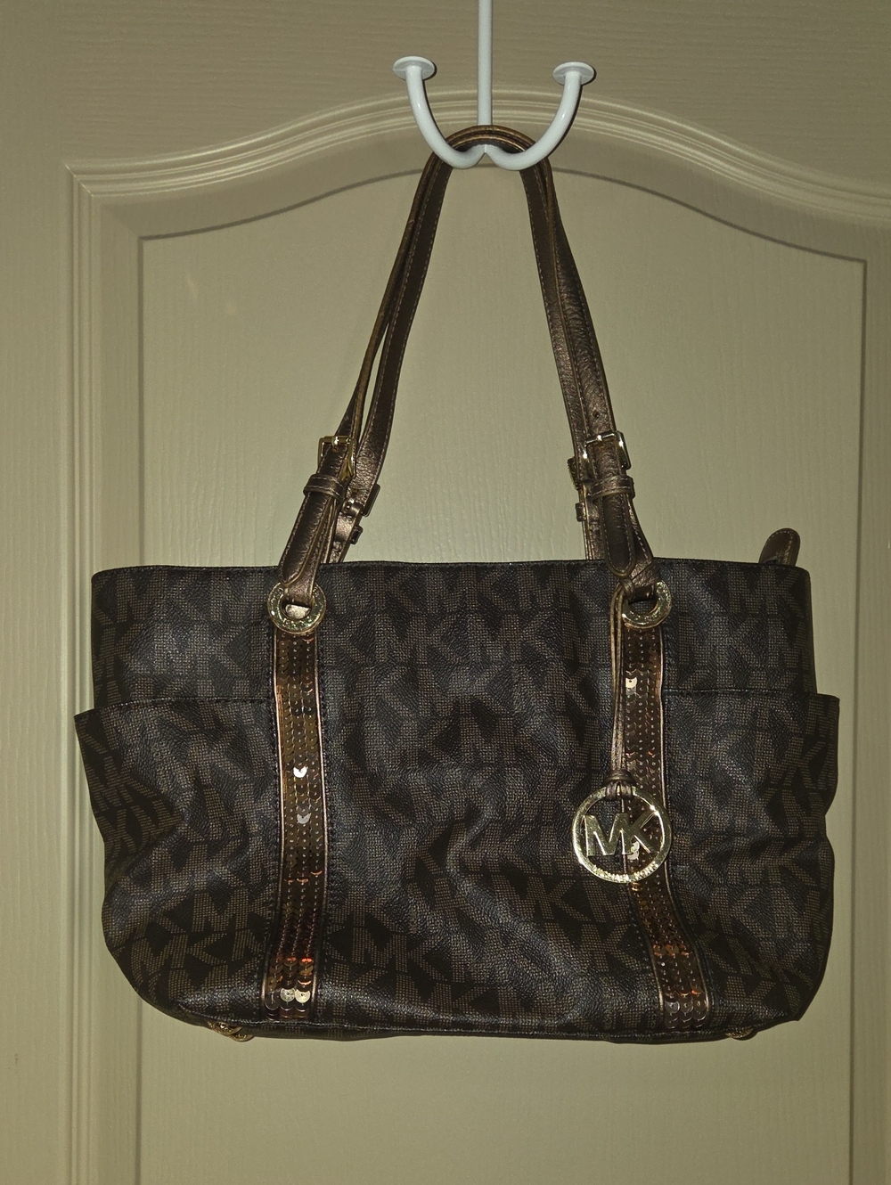 Michael Kors Brown Monogram Shoulder Tote with Gold Accents